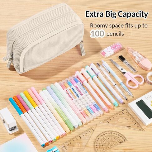 Sooez Big Capacity Pencil Case Pen Pouch, Soft Corduroy Pencil Bag with 3 Compartment, Multiple Pockets, Sturdy Zipper, Cute School Supplies Pen Bag Organizer For Teen Girls College in Kuwait