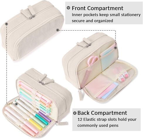 Sooez Big Capacity Pencil Case Pen Pouch, Soft Corduroy Pencil Bag with 3 Compartment, Multiple Pockets, Sturdy Zipper, Cute School Supplies Pen Bag Organizer For Teen Girls College in Kuwait