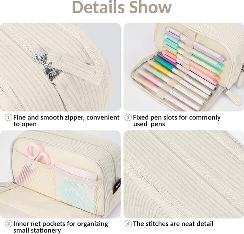 Sooez Big Capacity Pencil Case Pen Pouch, Soft Corduroy Pencil Bag with 3 Compartment, Multiple Pockets, Sturdy Zipper, Cute School Supplies Pen Bag Organizer For Teen Girls College in Kuwait