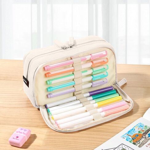 Sooez Big Capacity Pencil Case Pen Pouch, Soft Corduroy Pencil Bag with 3 Compartment, Multiple Pockets, Sturdy Zipper, Cute School Supplies Pen Bag Organizer For Teen Girls College in Kuwait