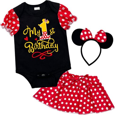 Newbron Baby Girls 1st Birthday Outfits Romper and Skirt with Mouse Ears Headband One Year Old Dress Costume in Saudi Arabia