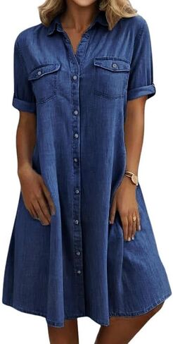 Yoeasy Women's Summer Summer Short Denive Denim Dress Dress Dress Dression Button Down Fit Midi Long Jean Dress in Saudi Arabia