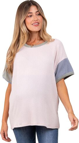 PinkBlush Solid Ribbed Color Block Short Sleeve Maternity Tunic Top in Kuwait