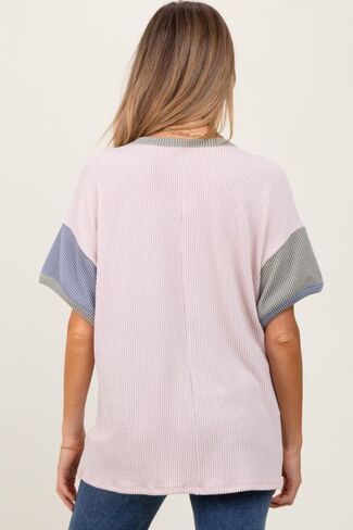 PinkBlush Solid Ribbed Color Block Short Sleeve Maternity Tunic Top in Kuwait