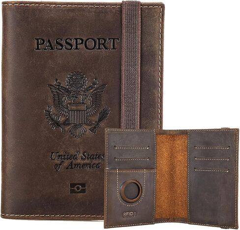 Full Grain Leather Airtag Passport Holder RFID Blocking Travel Passport Wallet Slim Passport Cover Case for 2 Passports with 5 Card Slots in Kuwait