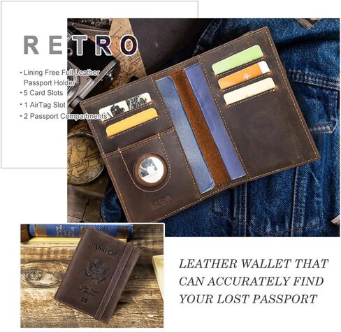 Full Grain Leather Airtag Passport Holder RFID Blocking Travel Passport Wallet Slim Passport Cover Case for 2 Passports with 5 Card Slots in Kuwait