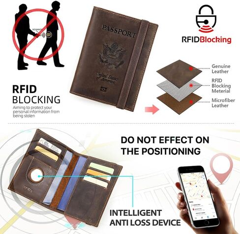 Full Grain Leather Airtag Passport Holder RFID Blocking Travel Passport Wallet Slim Passport Cover Case for 2 Passports with 5 Card Slots in Kuwait
