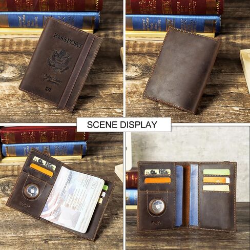 Full Grain Leather Airtag Passport Holder RFID Blocking Travel Passport Wallet Slim Passport Cover Case for 2 Passports with 5 Card Slots in Kuwait