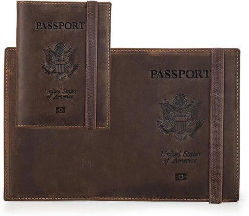 Full Grain Leather Airtag Passport Holder RFID Blocking Travel Passport Wallet Slim Passport Cover Case for 2 Passports with 5 Card Slots in Kuwait