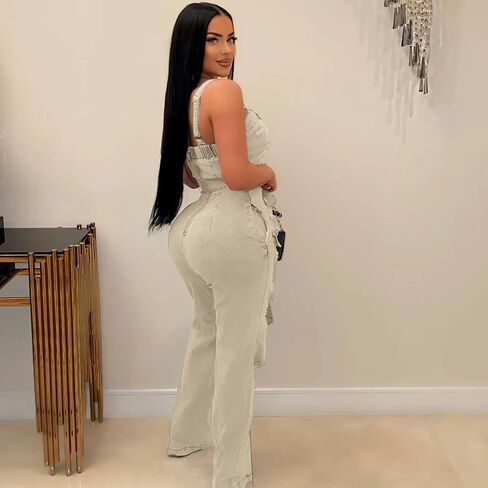 Mandonce Denim Jumpsuit for Women Halter Wide Leg Ripped Jean Jumpsuits for Women with Belt Casual Denim Romper in Kuwait