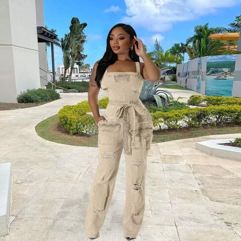 Mandonce Denim Jumpsuit for Women Halter Wide Leg Ripped Jean Jumpsuits for Women with Belt Casual Denim Romper in Kuwait