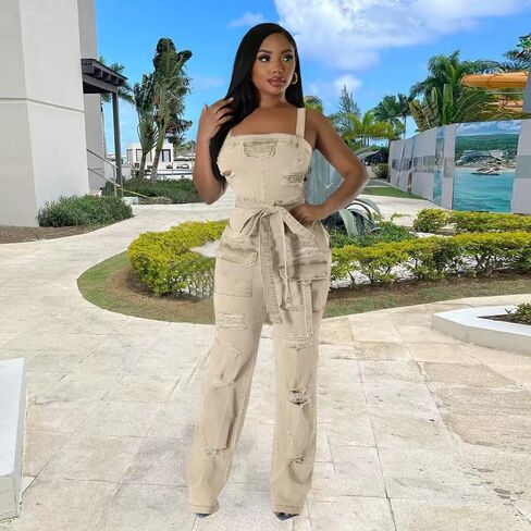 Mandonce Denim Jumpsuit for Women Halter Wide Leg Ripped Jean Jumpsuits for Women with Belt Casual Denim Romper in Kuwait