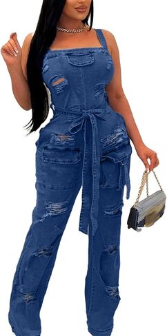 Mandonce Denim Jumpsuit for Women Halter Wide Leg Ripped Jean Jumpsuits for Women with Belt Casual Denim Romper in Kuwait