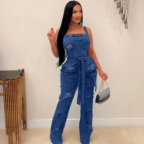 Mandonce Denim Jumpsuit for Women Halter Wide Leg Ripped Jean Jumpsuits for Women with Belt Casual Denim Romper in Kuwait