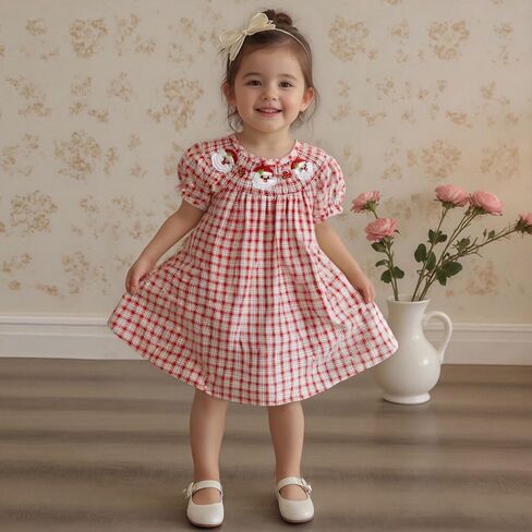طفل فتاة صيفية لباس الفراولة تطريز الأكمام ذبابة مخططة مزخرفة فستان لطيف A-line sundress in Kuwait