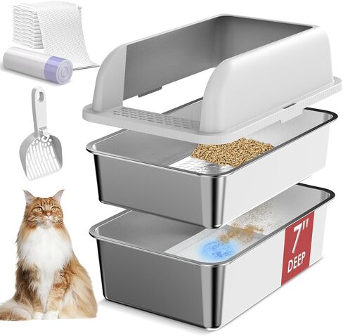 23.5''x15.7''x6'' Enclosed Stainless Steel Litter Box with Lid, XL Sifting Litter Box for Pine Pellets, High Sides Metal Litter Box System for for Big Cats, Anti-Leakage, Easy Cleaning, Less Tracking in Kuwait