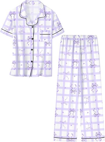 Umeyda Girls Pajamas Set Button Down Notch Collar Soft Short Sleeve Pjs Set with Long Pant Set Lounge Set in Saudi Arabia