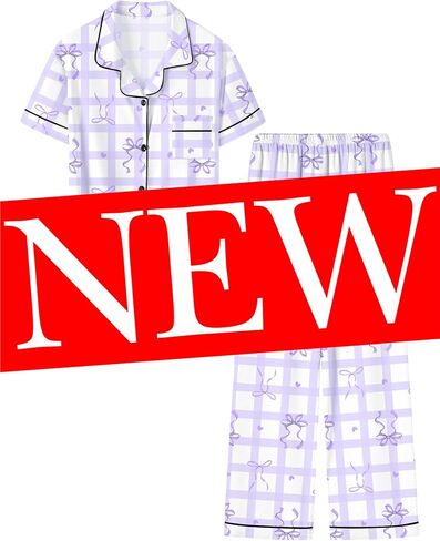 Umeyda Girls Pajamas Set Button Down Notch Collar Soft Short Sleeve Pjs Set with Long Pant Set Lounge Set in Saudi Arabia