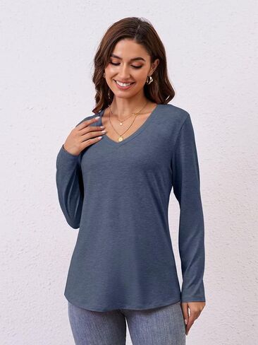 Womens V Neck Long Sleeve T Shirts Casual Curved Hem Tunic Tops Basic Loose Fit Tees 2025 in Kuwait