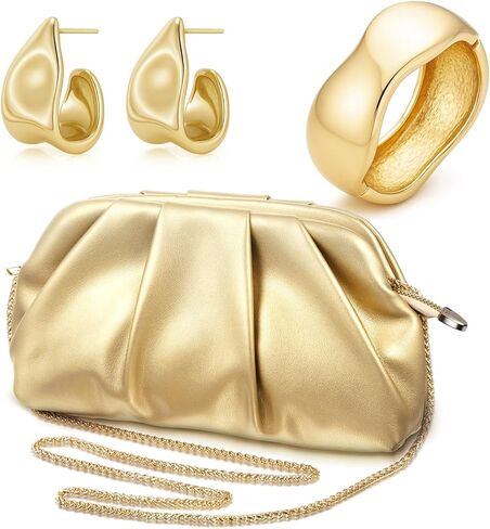 3 Pcs Gold Clutch Purse Jewelry Set for Women Evening Handbag Gold Cuff Bracelet Oval Teardrop Hoop Earrings for Women Evening Prom Party Wedding Dating Gift in Kuwait