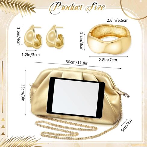 3 Pcs Gold Clutch Purse Jewelry Set for Women Evening Handbag Gold Cuff Bracelet Oval Teardrop Hoop Earrings for Women Evening Prom Party Wedding Dating Gift in Kuwait