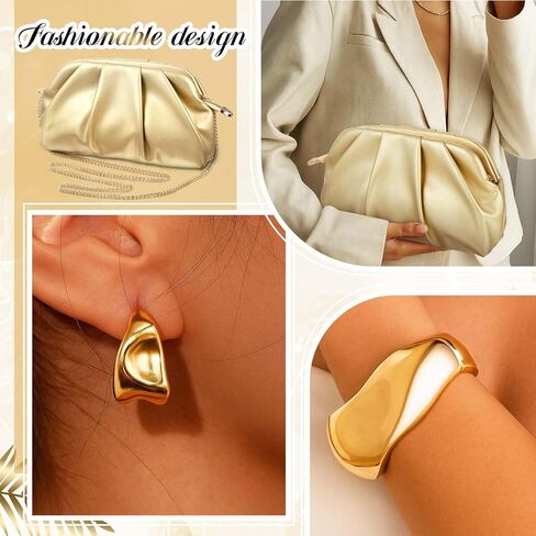 3 Pcs Gold Clutch Purse Jewelry Set for Women Evening Handbag Gold Cuff Bracelet Oval Teardrop Hoop Earrings for Women Evening Prom Party Wedding Dating Gift in Kuwait