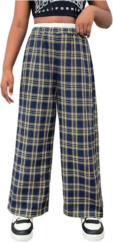 Girl's Plaid Wide Leg Track Pants Elastic Waist Baggy Long Trousers with Pockets in Saudi Arabia