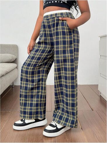 Girl's Plaid Wide Leg Track Pants Elastic Waist Baggy Long Trousers with Pockets in Saudi Arabia