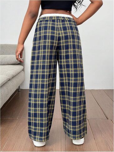 Girl's Plaid Wide Leg Track Pants Elastic Waist Baggy Long Trousers with Pockets in Saudi Arabia
