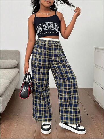 Girl's Plaid Wide Leg Track Pants Elastic Waist Baggy Long Trousers with Pockets in Saudi Arabia
