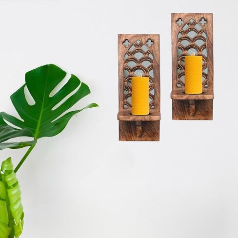 Decorative Wooden Wall Candle Sconces - Set of 2, 16 Inch Pillar Candle Holders, Rustic Wooden Wall Candle Sconces, Handcrafted Wooden Candle Sconce Perfect for Christmas,New Year -Natural Burnt in Saudi Arabia