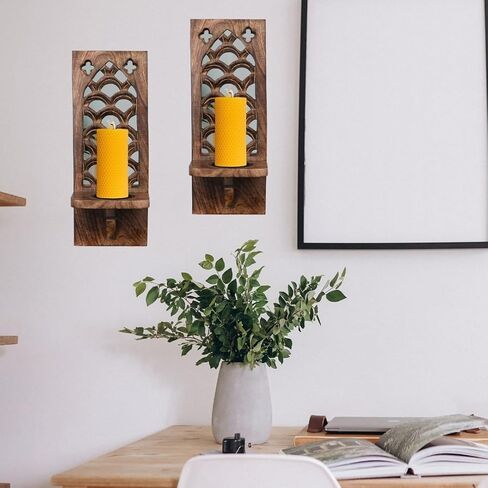 Decorative Wooden Wall Candle Sconces - Set of 2, 16 Inch Pillar Candle Holders, Rustic Wooden Wall Candle Sconces, Handcrafted Wooden Candle Sconce Perfect for Christmas,New Year -Natural Burnt in Saudi Arabia