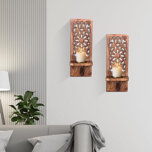 Decorative Wooden Wall Candle Sconces - Set of 2, 16 Inch Pillar Candle Holders, Rustic Wooden Wall Candle Sconces, Handcrafted Wooden Candle Sconce Perfect for Christmas,New Year -Natural Burnt in Saudi Arabia