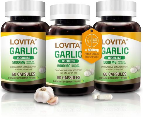 مستخلص الثوم بدون رائحة Lovita ، 50 ملغ 100: 1 التركيز ، فاعلية عالية ، 1.25 ٪ أليسين ، خالية من الغلوتين ، يدعم صحة المناعة والأوعية الدموية ، 60 كبسولات نباتية (حزمة 3) in Kuwait
