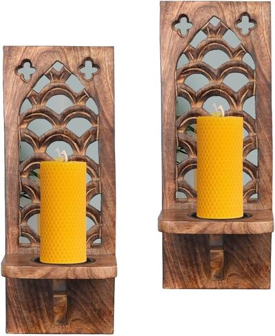 Handcrafted Wooden Wall Candle Sconces - Set of 2, 16 Inch Pillar Holders, Rustic Decorative Perfect for Christmas, New Year - Natural Burnt in Saudi Arabia