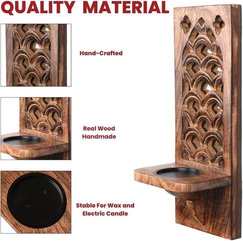 Handcrafted Wooden Wall Candle Sconces - Set of 2, 16 Inch Pillar Holders, Rustic Decorative Perfect for Christmas, New Year - Natural Burnt in Saudi Arabia