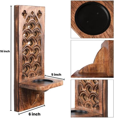 Handcrafted Wooden Wall Candle Sconces - Set of 2, 16 Inch Pillar Holders, Rustic Decorative Perfect for Christmas, New Year - Natural Burnt in Saudi Arabia