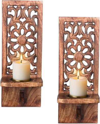 Handcrafted Wooden Wall Candle Sconces - Set of 2, 16 Inch Pillar Holders, Rustic Decorative Perfect for Christmas, New Year - Natural Burnt in Saudi Arabia