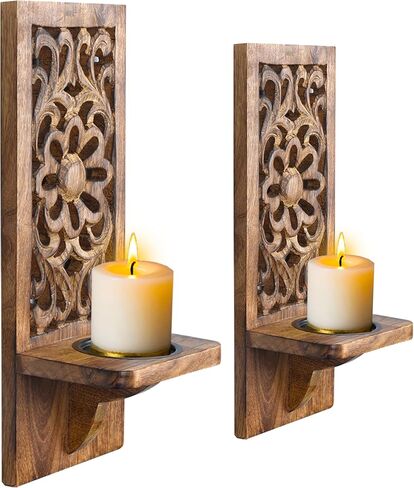 Handcrafted Wooden Wall Candle Sconces - Set of 2, 16 Inch Pillar Holders, Rustic Decorative Perfect for Christmas, New Year - Natural Burnt in Saudi Arabia