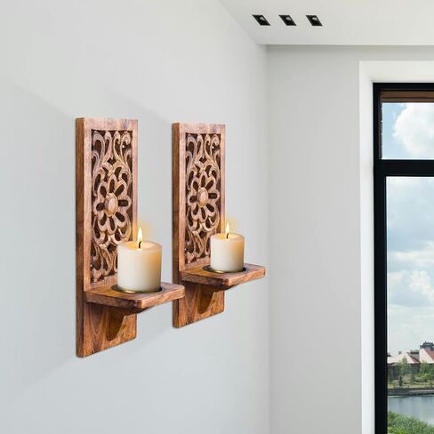 Handcrafted Wooden Wall Candle Sconces - Set of 2, 16 Inch Pillar Holders, Rustic Decorative Perfect for Christmas, New Year - Natural Burnt in Saudi Arabia