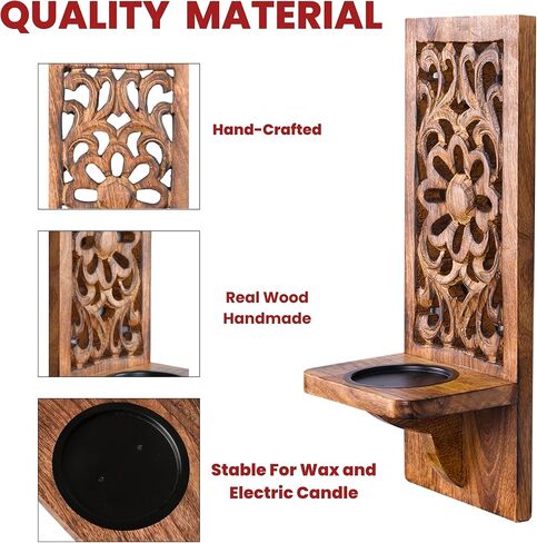 Handcrafted Wooden Wall Candle Sconces - Set of 2, 16 Inch Pillar Holders, Rustic Decorative Perfect for Christmas, New Year - Natural Burnt in Saudi Arabia