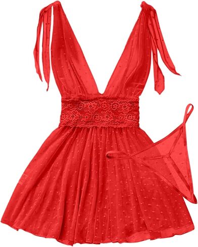 مثير عميق v رقبة الانزلاق شبكة البولكا نقاط الدانتيل شفرة babydoll ملابس الملابس الداخلية 2 قطعة in Kuwait