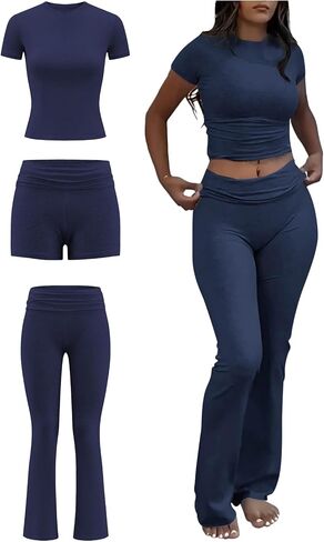 ZFLM Fashion and Casual Women's 3-Piece Set Short Sleeved High Waist Folded Shorts Bellbottom Pants Sports Set in Saudi Arabia