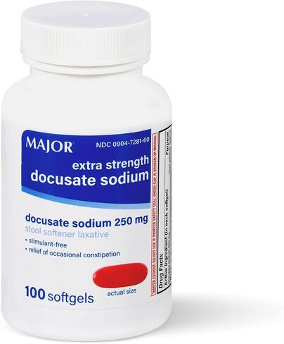 MAJOR Docusate Sodium 250 mg - Extra Strength Stool Softener Laxative Softgels for Constipation Relief - Gentle Stool Softeners for Women, Men, and Kids Ages 12+ - 100 Softgels (2 Pack) in Saudi Arabia
