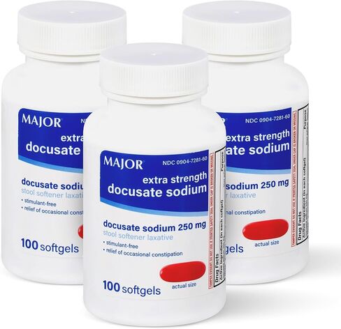 MAJOR Docusate Sodium 250 mg - Extra Strength Stool Softener Laxative Softgels for Constipation Relief - Gentle Stool Softeners for Women, Men, and Kids Ages 12+ - 100 Softgels (2 Pack) in Saudi Arabia
