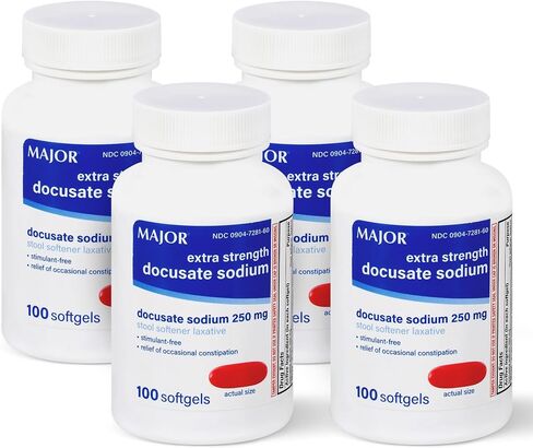MAJOR Docusate Sodium 250 mg - Extra Strength Stool Softener Laxative Softgels for Constipation Relief - Gentle Stool Softeners for Women, Men, and Kids Ages 12+ - 100 Softgels (2 Pack) in Saudi Arabia