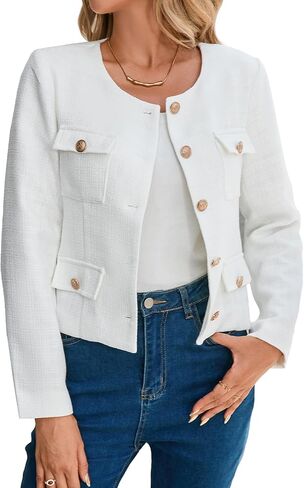 Womens Cropped Tweed Jackets Collarless Button Down Business Blazer Casual Outfits with Pockets in Saudi Arabia