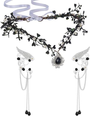 SWEETV Fairy Crown Elf Ears Cuffs Set Flower Crown Headpiece Halloween Elves Cosplay Set Renaissance Costume Medieval Tiara in Saudi Arabia