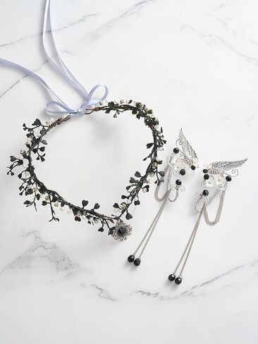 SWEETV Fairy Crown Elf Ears Cuffs Set Flower Crown Headpiece Halloween Elves Cosplay Set Renaissance Costume Medieval Tiara in Saudi Arabia