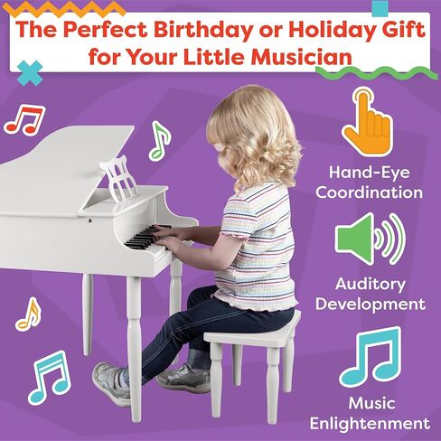 Kids Piano - 30 Key Mini Grand Piano with Music Stand, Bench, and Note Stickers - Piano for Beginners - Instruments for Kids by Hey Play (Pink) in Kuwait